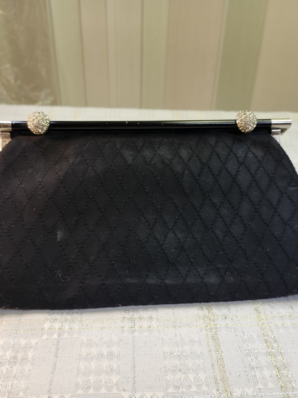 After Five Black Vintage Quilted Evening Clutch with Rhinestone Kiss-Lock